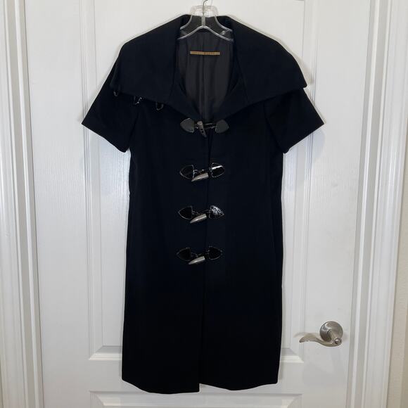 Jenni Kayne Black Toggle Coat Funnel Neck Wool Layering Leather Trim 4 - Picture 2 of 10